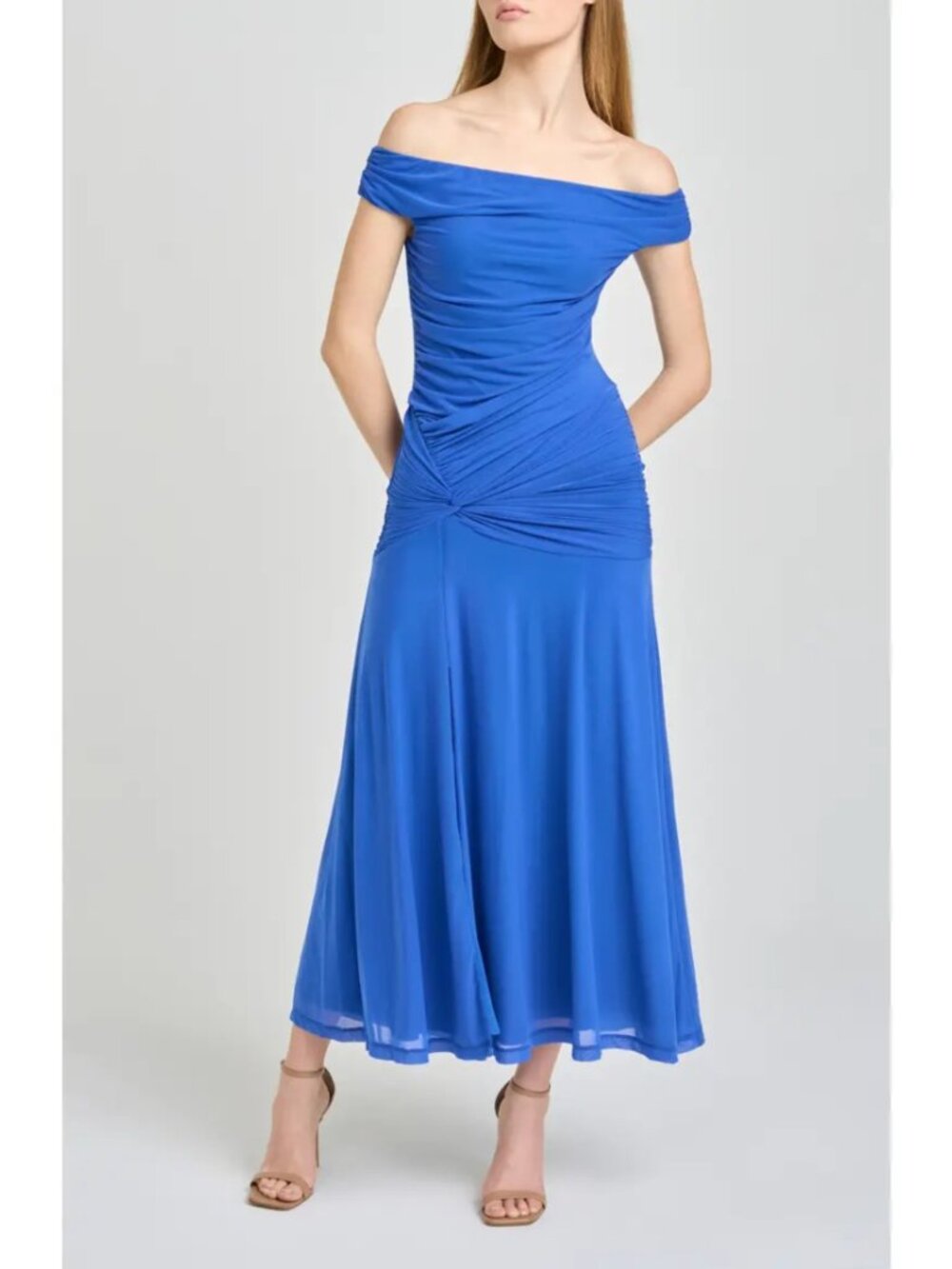 Wayf x Hannah Lovey Porter Margaux Off the Shoulder Ruched Dress Blue Size L